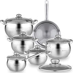 Daniks Classic 12-Piece Stainless Steel Cookware Set with Glass Lids, Includes Saucepan and Frying Pan with Lid, Tri-Ply Bases for Even Heating, Induction Compatible, Dishwasher Safe