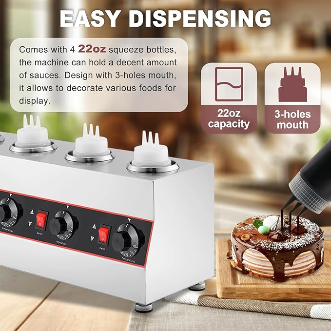 Sauce Warmer Dispenser Sauce Bottle Warmer Nacho Cheese Warmer Dispenser with 650ml Bottles, Bottle Warmer for Cheese Hot Fudge Caramel, 86-185℉110V