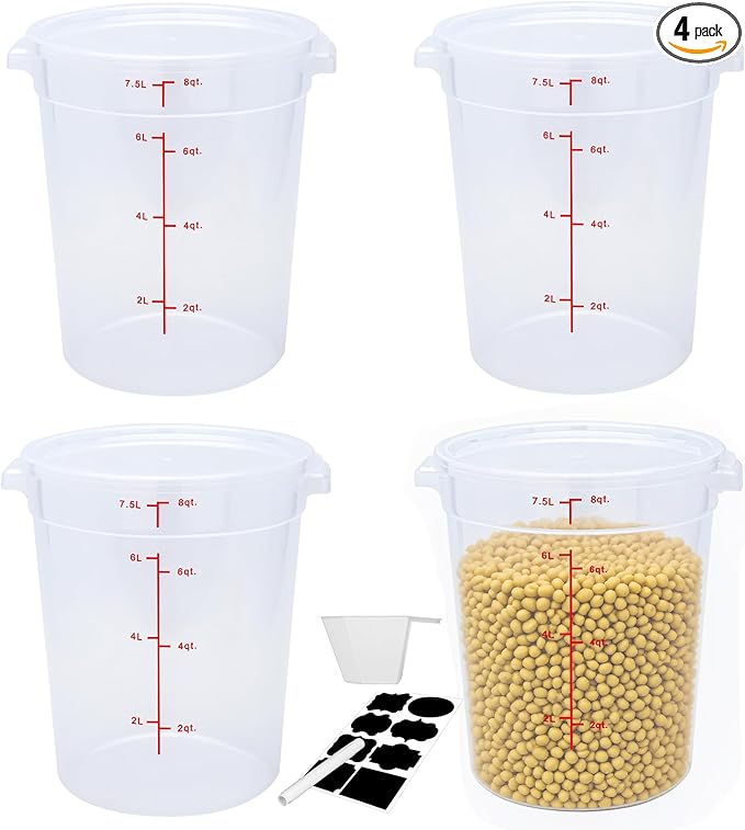 Round Food Storage Container with Lid, 8Qt Translucent, Commercial 4 Pack of – NSF Listed, BPA-Free, Polypropylene, Non-Stick, Scale, with Labels & Measuring Cups