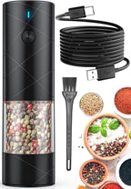 1Pc Electric Salt and Pepper Grinder USB Rechargeable with Warm LED Light, Adjustable Coarseness Lidaop Large Capacity Automatic Salt Pepper Mill Grinder for Kitchen, Restaurant, Outdoor, Black