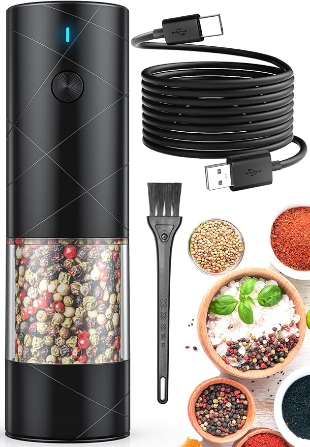 1Pc Electric Salt and Pepper Grinder USB Rechargeable with Warm LED Light, Adjustable Coarseness Lidaop Large Capacity Automatic Salt Pepper Mill Grinder for Kitchen, Restaurant, Outdoor, Black