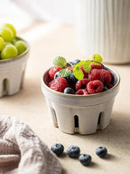 Gomakren Ceramic Berry Basket Set of 2, Round Fruit Bowl with Holes, Small Fruit Basket Containers for Kitchen Counter, Berries, Strawberry, Grape, Cherry, White