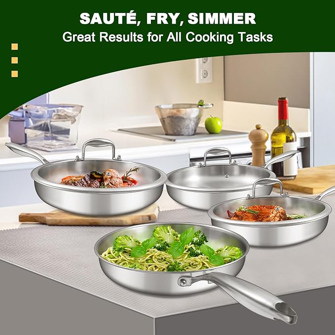 EWFEN 12 Inch Tri-Ply Stainless Steel Frying Pan, Compatible with All Cooktops Up to 600℉, Large Frying Pan with lids, Induction-Ready Skillet, Dishwasher and Oven Safe, Fast & Even Heat, Heavy Duty