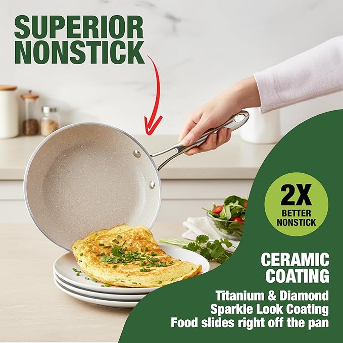 Granitestone 3pc Non Stick Frying Pans Set, 8,10,12 inch Ceramic Frying Pan Skillet Set, Non Toxic Frying pans Nonstick for Cooking, Induction Ready, PFAS & PFOA Free, Oven & Dishwasher Safe - Beige