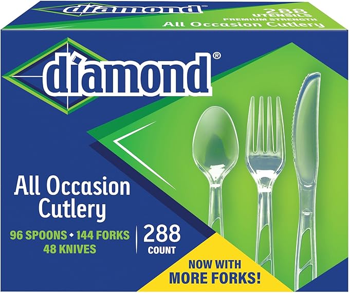 288 Count Diamond® Premium Clear Full-Size Cutlery - Includes 144 Forks, 96 Spoons, 48 Knives, Disposable Plastic Utensils, Plasticware, Silverware