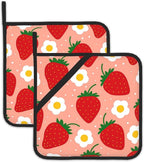 2PCS Fruit Design Strawberry Groovy Floral Pot Holder with Loop,Heat Resistant Oven Pads,Hot Pat for Kitchen Cooking Baking Food