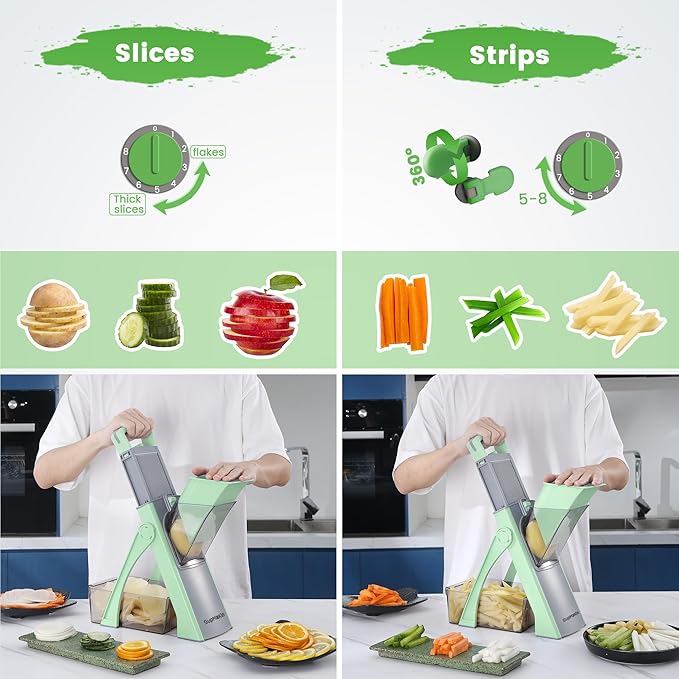 Upgrade Safe Mandoline Slicer for Kitchen, SupMaKin Bigger Entrance Vegetable Food Slice Potato Slicer Chopper, Adjustable Thickness Multi Mandolin, Julienne + Dicer Kitchen Must Haves Green