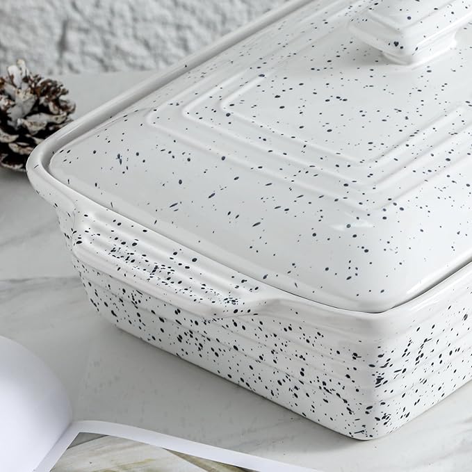 KOOV Ceramic Casserole Dish with Lid, Covered Rectangular Casserole Dish Set, Lasagna Pans with Lid for Cooking, Baking dish With Lid for Dinner, 9 x 13 Inches, Splash Series (Splashed White)
