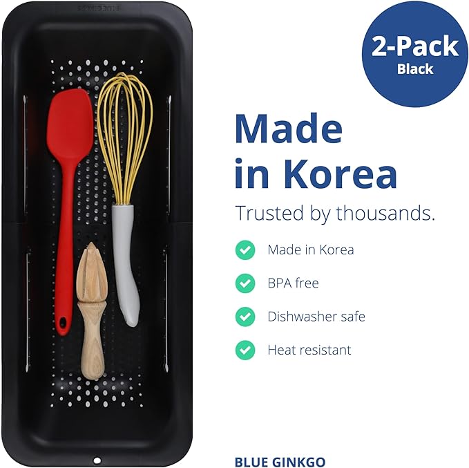 BLUE GINKGO Sink Colander Baskets - (Pack of 2) Wash Vegetables and Fruits, Drain Cooked Pasta and Dry Dishes - Extendable - New Home Kitchen Essentials (2 Black)