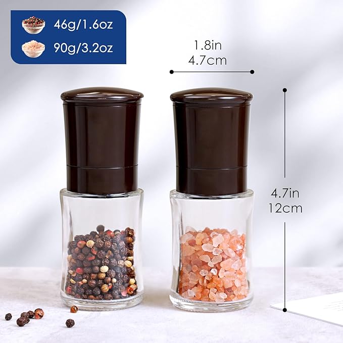 Vzaahu Salt and Pepper Grinder Set Brown, Refillable Small Shakers, Adjustable Coarseness, Ceramic Burr, Peppermill, Kitchen Cooking