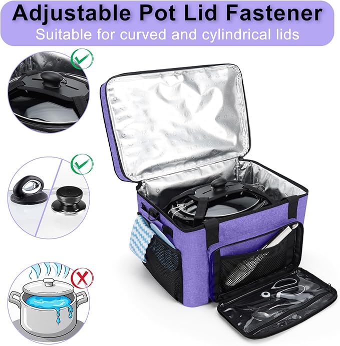 Slow Cooker Carrying Bag, Double Layer Insulated Design Slow Cooker Carrier with Removable Hard Liner and Pot Lid Fastener Fit for 6-8 Quart Crock Pot, Purple