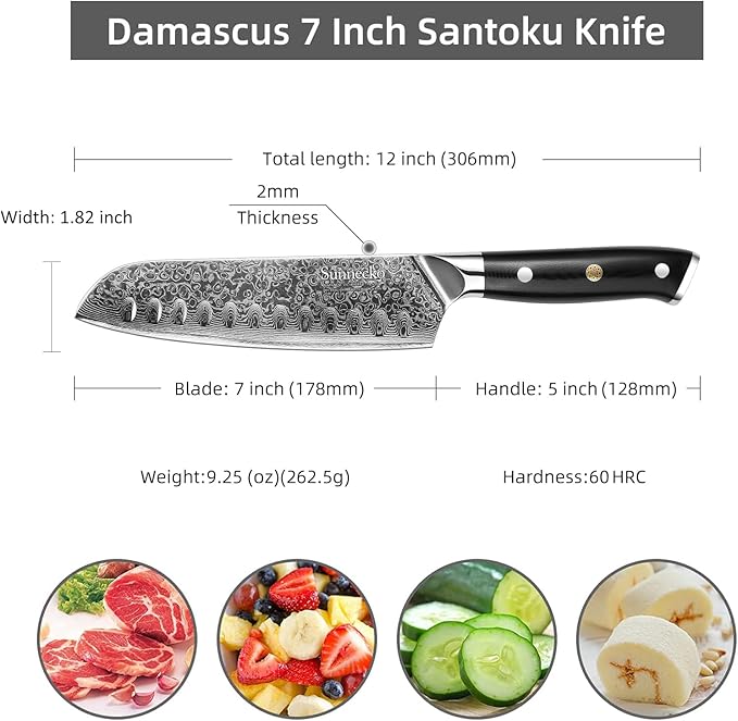 Sunnecko Damascus Chef Knife Japanese Santoku Knife 7 Inch Chopping Knife Vegetables, High Carbon Stainless Steel Knife with Gift Box