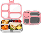 MISS BIG 4 Compartment Stainless Steel Lunch Box for Kids Leakproof Bento Box with Metal Sauce Container, 50 Mixed Food Stickers, BPA-Free, Dishwasher Safe Ideal for School & Toddlers （Pink）