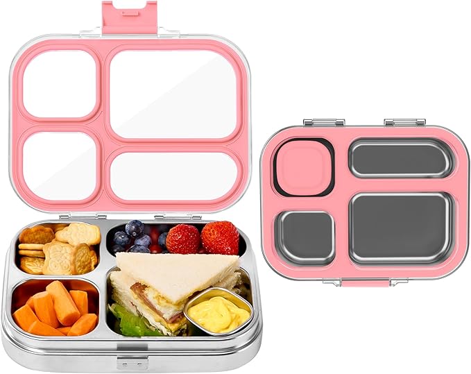 MISS BIG 4 Compartment Stainless Steel Lunch Box for Kids Leakproof Bento Box with Metal Sauce Container, 50 Mixed Food Stickers, BPA-Free, Dishwasher Safe Ideal for School & Toddlers （Pink）