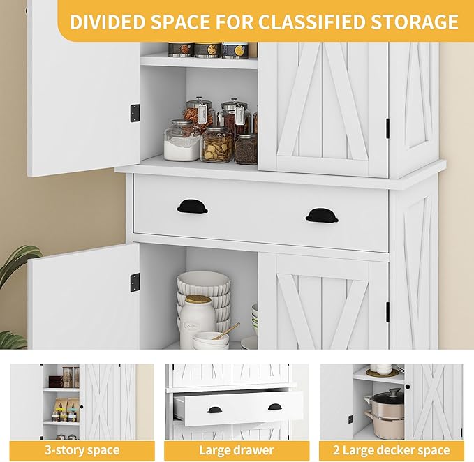 DWVO 72'' Farmhouse Kitchen Pantry, Rustic Wood Kitchen Storage Cabinets with Adjustable Shelves & Drawer, Tall Freestanding Cupboard for Dining Room, Living Room, White