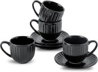 Hasense 6 Oz Cappuccino Cups with Saucers Ceramic, Ribbed Espresso Cups Set of 4 for Coffee,Tea,Latte and Macchiato, Aesthetic Gift for Anniversary or Holiday, Black