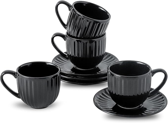 Hasense 6 Oz Cappuccino Cups with Saucers Ceramic, Ribbed Espresso Cups Set of 4 for Coffee,Tea,Latte and Macchiato, Aesthetic Gift for Anniversary or Holiday, Black