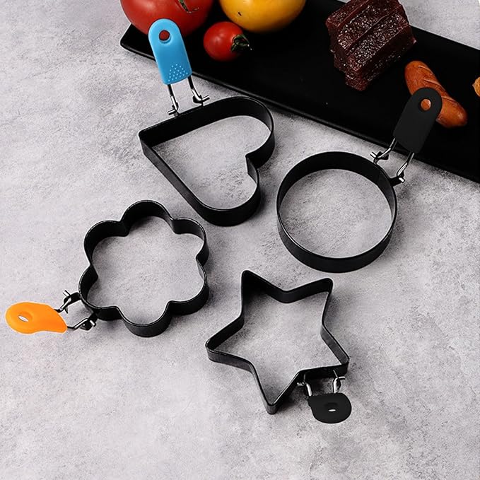 4 Pack Egg Poachers Rings, Stainless Steel Egg Cooking Rings, Round Pancake Mold for Frying Eggs, Omelet and Muffins, Non-stick Fried Egg Mold Ring, 4 Shapes