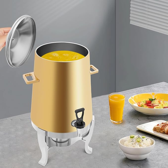 Coffee Urn with Fuel Holder 3.5 Gal/13L, Stainless Steel Beverage Dispenser Hot Drink Dispenser with Stand, Tea Water Coffee Chafer Urn for Parties Buffet Catering Commercial Home (Gold + Silver)