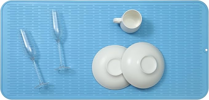 Silicone Dish Drying Mat for Multiple Usage,Easy clean,Eco-friendly,Heat-resistant Silicone Mat for Kitchen Counter or Sink,Refrigerator or Drawer Liner Light Blue 5XL 36inches x 18inches