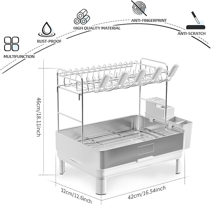 Dish Drying Rack, 2 Tier Large Dish Rack, Stainless Steel Dish Drainer for Kitchen Counter, Dishes Rack with Automatic Drainage, Utensil Holder,Cups Holder,Space Saving Kitchen Organizer,White