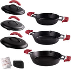 Cast Iron Skillet + Cast Iron Lid Set - 8"+10"+12" Dual Handle Frying Pans + Pan Scraper + Silicone Handle Holder Covers - Pre-Seasoned Indoor/Outdoor, Grill, Stovetop, Induction, Oven Safe Cookware