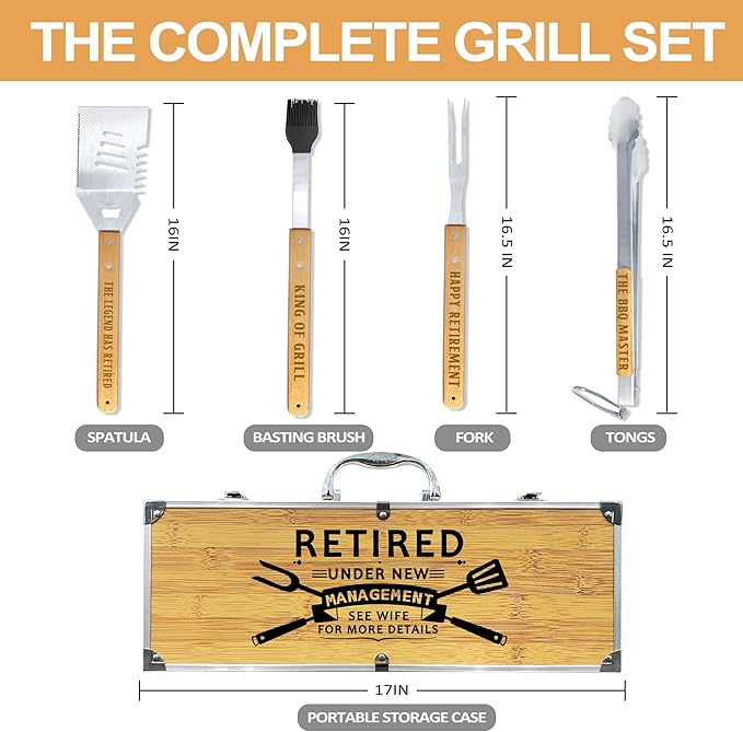 Retirement Gifts for Men, Retired Gift for Dad, Grandpa, Coworker, Retirees Heavy Duty Wooden BBQ Grill Accessories Kit, Thick Stainless Steel Grill Utensil with Non-Slip Handle Tools in Portable Box
