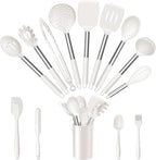 E-far 14 Pieces Silicone Cooking Utensils Set, Kitchen Utensils Set with Holder, Spatula, Ladle, Spoon, Slotted Turner for Nonstick Cookware, 446°F Heat Resistant & Stainless Steel Handle, Cream White