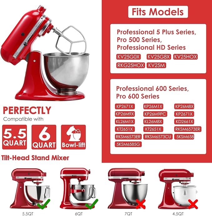 Stainless Steel 3 Piece kit Attachments for KitchenAid Stand Mixer and 5.5-6 Quart Bowl, Dishwasher Safe (5.5-6QT Flat Beater, 6QT Dough Hook, KN256 6-Wire Whip Attachment)