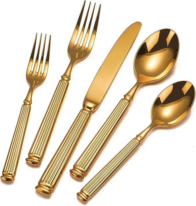 40-Piece Heavy Duty Gold Silverware Set for 8, 18/10 Stainless Steel Flatware, Extra Thick Heavy Flatware Set, Perfect for Weddings Gifts