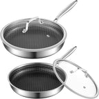 8-10 Inch Non Stick Frying Pans, NonStick Stainless Steel Pan Set, Tri-Ply Skillets and Pan Set with Lid, Induction Cooker Compatible, Cool-Touch Handle, Dishwasher and Oven Safe