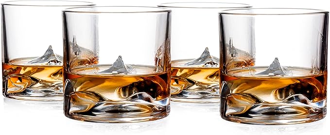 LIITON Mount Everest Heavy Crystal Whiskey Glasses Gift Set of 4, Thick Freezable Bourbon Glass 1lb Each, Premium Whiskey Gifts for Men, Frozen Crystal Chills Cocktails, 10 oz