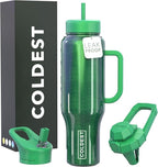 Coldest Tumbler with Handle and Straw, 100% Leak Proof Insulated Tumbler with Lid and Straw (3 Lids), Stainless Steel Tumblers for Women & Men, Cup Holder Friendly, 46 oz (Enchanted Green)