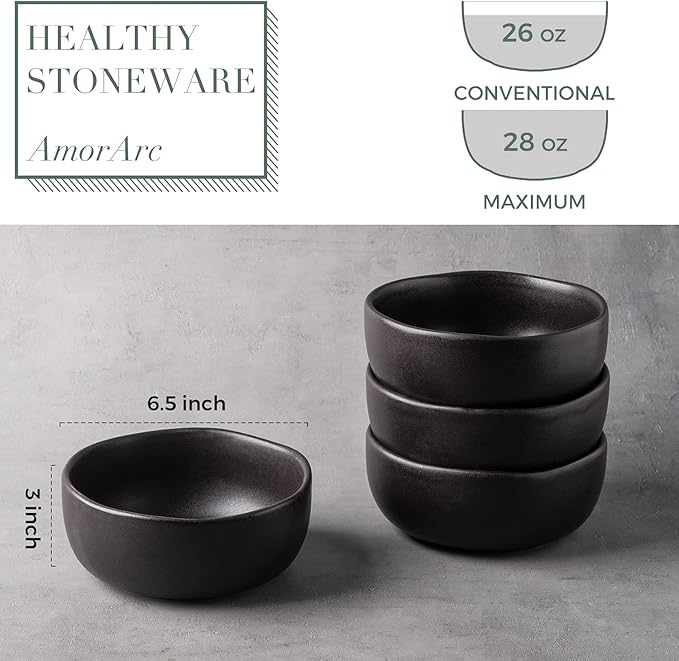 AmorArc Stoneware Cereal Bowls for Kitchen, 28oz Large Ceramic Soup Bowls Set of 4 for Meal, Oven, Microwave&Dishwasher safe Kitchen Bowls with Wavy Rim, Matte Black