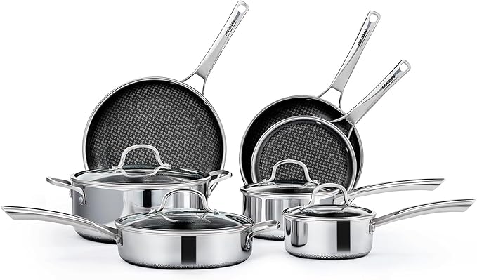 ROVSUN 11 Pcs Non-Stick Cookware Set, Stainless Steel Pots and Pans Set with Lids, Non-Toxic Kitchen Set Chef's Pan, PFOA & PTFE Free, Compatible for All Cooktops