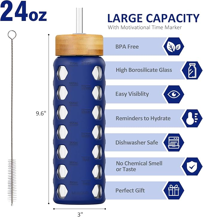 MUKOKO 24oz Glass Water Bottle with 2 Lids-Handle Flip Lid&Bamboo Straw Lid,Motivational Water Tumbler with Time Marker Reminder and Silicone Sleeve, Leakproof-Blue