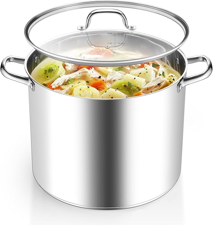 Homikit 20 Quart Soup Pot with Lid, Large Stainless Steel Stock Pot with Double Handles, Heavy Duty Cookware Induction Stockpot for Canning Steaming Simmering, Compatible All Cooktops, Dishwasher Safe