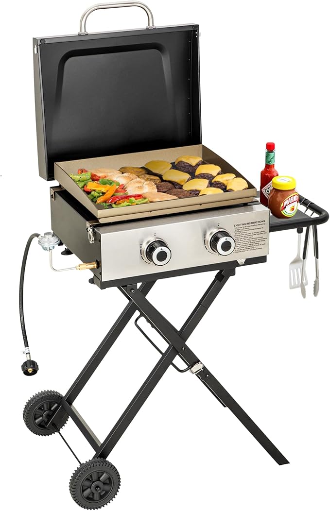 GREEN PARTY 2 Burner BBQ Propane Gas Griddle with Collapsible Stand, 18 Inch Portable Griddle with Side Table & 253 Sq. In. Cooking Area, Flat Top Gas Grill for Outdoor Cooking Garden Patio Backyard