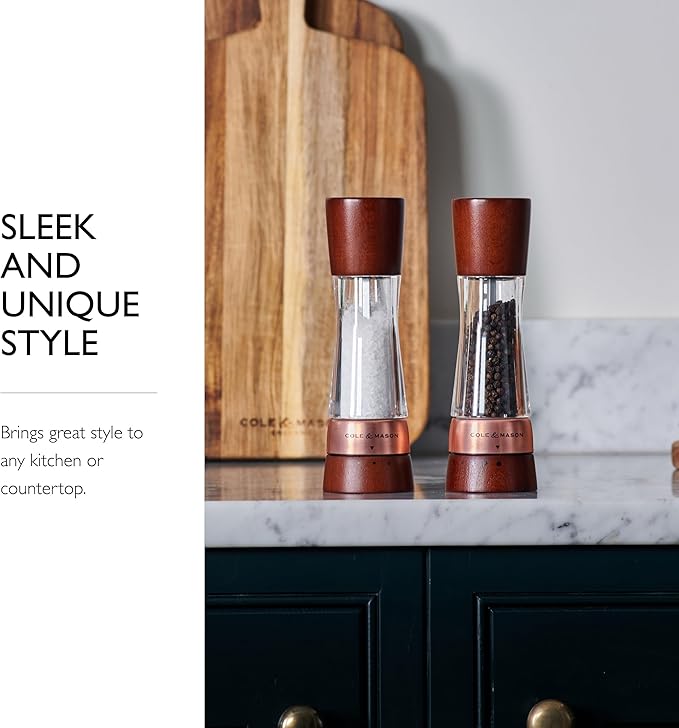 Cole & Mason Derwent Salt & Pepper Mill Gift Set - Salt & Pepper Shaker & Grinder with Adjustable Coarseness - Gourmet Precision Mill Set - Stainless Steel & Acrylic Grinders - Rose Gold