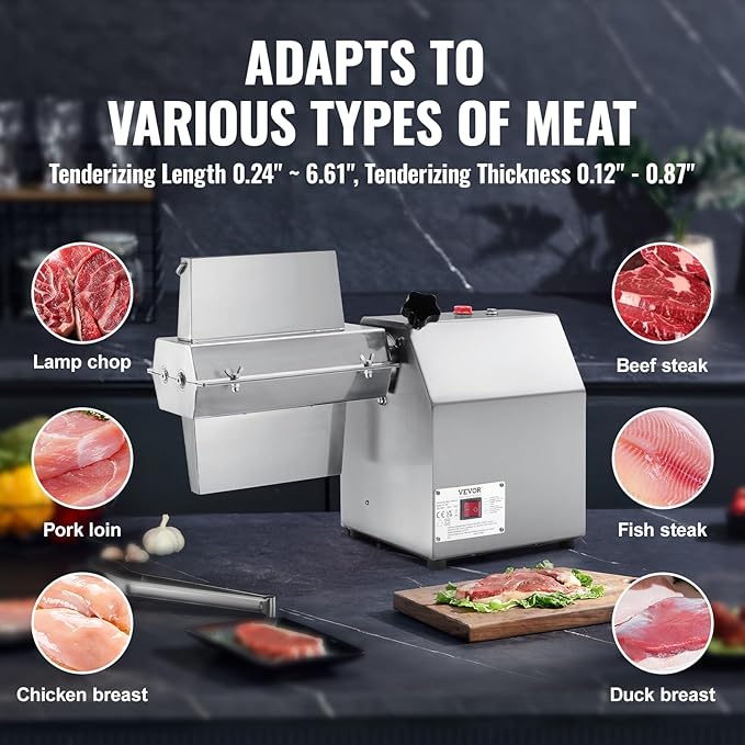 VEVOR Commercial Meat Tenderizer, Heavy Duty 304 Stainless Steel Kitchen Tool with Meat Tong, Cleaning Brush, and Tray, 750W Electric Meat Tenderizer Machine for Beef, Turkey, Chicken, Pork, and Fish