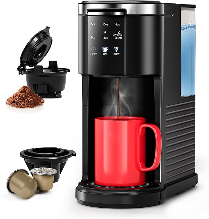 WAA Single Serve Coffee Maker, 2 in 1 Coffee Machine for Capsule & Ground Coffee, 6 to 14oz Brew Size, 40oz Removable Reservoir, Coffee Brewer with Auto Shut-off, Self-Cleaning, Memory Function, Black