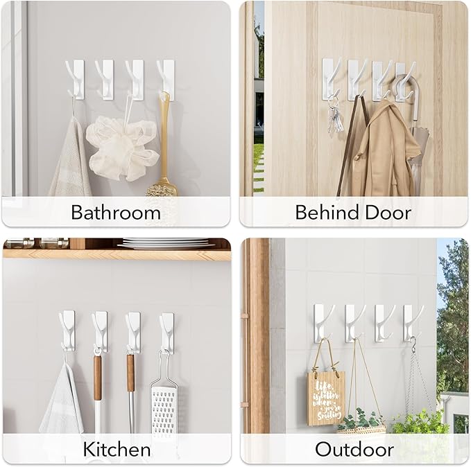 Self Adhesive Coat Hooks for Hanging, Heavy Duty Stainless Double Wall Hook for Towel, Backpack, Hat, Sturdy Metal Hanger for Bathroom, Bedroom, Door, Wall Mounted, 10 Pack, White