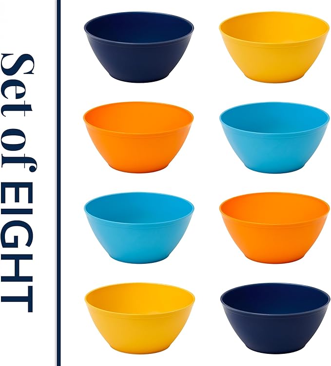 US Acrylic Wheat Straw Unbreakable 28 oz. Stackable Cereal Bowls for Snacks & Ice Cream in Assorted Colors (Set of 8) 6-inch Reusable, BPA-Free, Dishwasher Safe Dinnerware, Made in USA