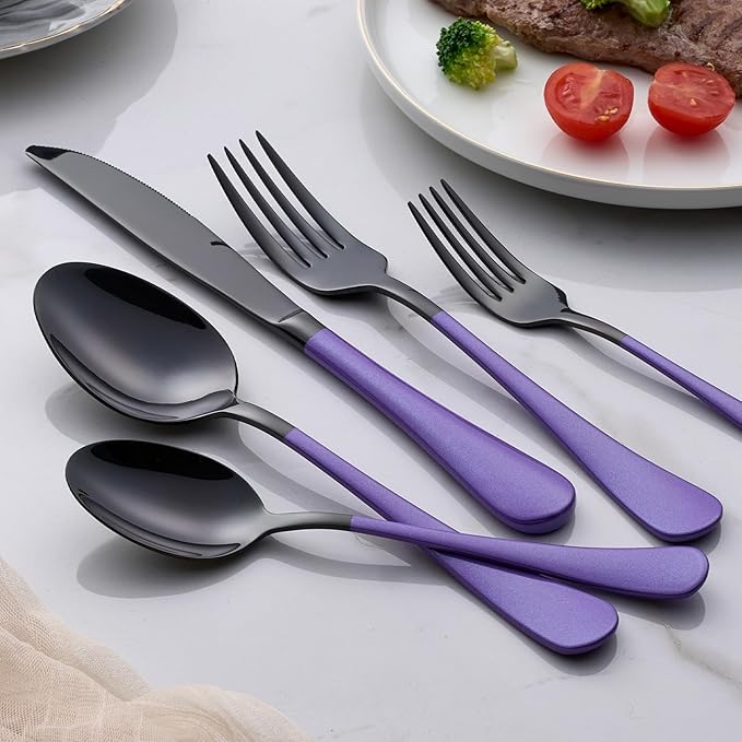 20-Piece Black Silverware Set 18/0 Stainless Steel Flatware Purple Handle Cutlery Set Service for 4 Dinner Knives Forks Spoons Set Mirror Finish Dishwasher Safe