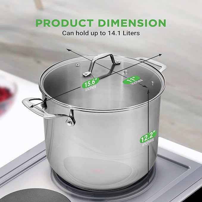NutriChef 15-Quart Stainless Steel Stock Pot with Tempered Glass Lid - Induction Compatible Large Stockpot, Ideal for Stews & Soups, Dishwasher Safe - NCSP16