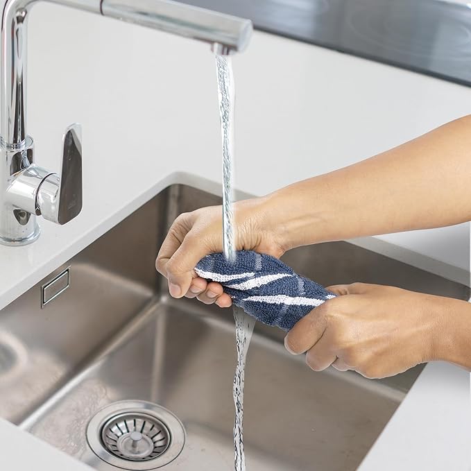 Urban Villa Dish Cloths Terry Cotton Pack of 6, Highly Absorbent Quick Drying Super Soft Premium Dish Towels for Kitchen with Hanging Loop Hand & Tea Towels - 12x12 Inch, (Blue & White, Checks)