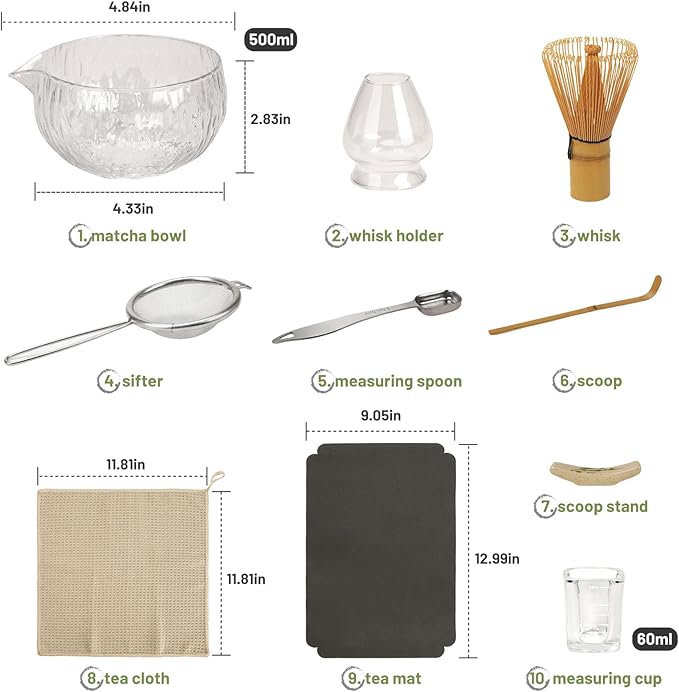 10-Pcs Matcha Whisk Set Kit, Whisk and Bowl with Spout & Measuring Spoon & Cup, Japanese Matcha Tea Making Tools, Transparent Textured Glass