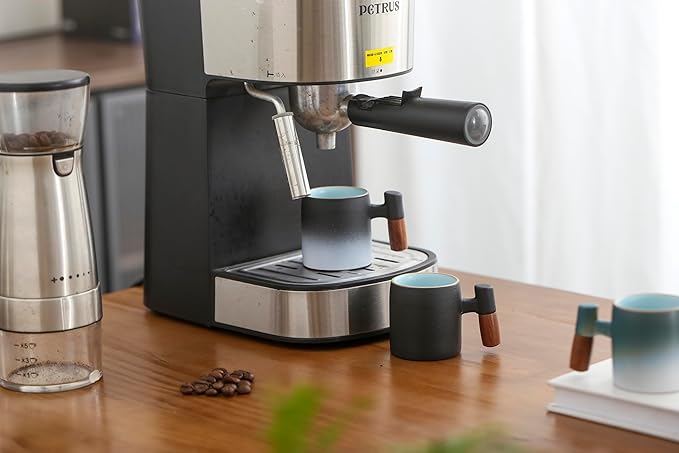 2oz Ceramic Espresso Cups set of 2, Espresso Cups with Wooden Handle, Demitasse Cups for Coffee or Tea (blue black, Wooden Handle2)