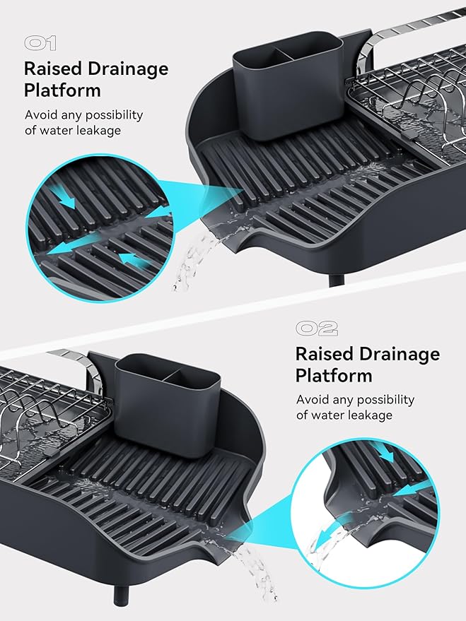 SUNLY Dish Drying Rack, Expandable Dish Racks for Kitchen Counter, Space Saving Kitchen Drying Rack with Sleek & Modern Design, Rust Proof Stainless Steel Dish Drainers with Utensil Holder, Deep Gray