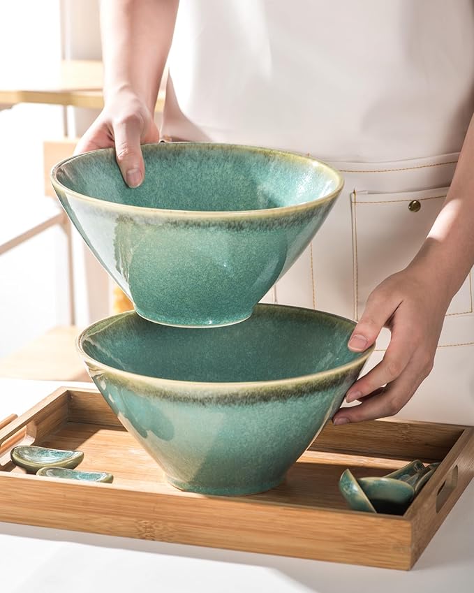 Large Salad Soup Ramen Serving Bowls, 71 OZ Ceramic Japanese Ramen Noodle Bowls with Chopsticks, Spoons and Rests - Super Big Bowl Sets for Udon, Pho, Pasta, Cereal, Set of 2 - Reactive Green
